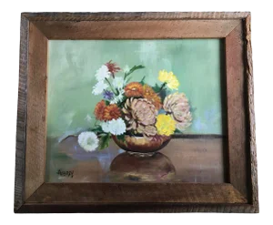 Vintage Floral Still Life Oil Painting Signed Aubrey, Framed