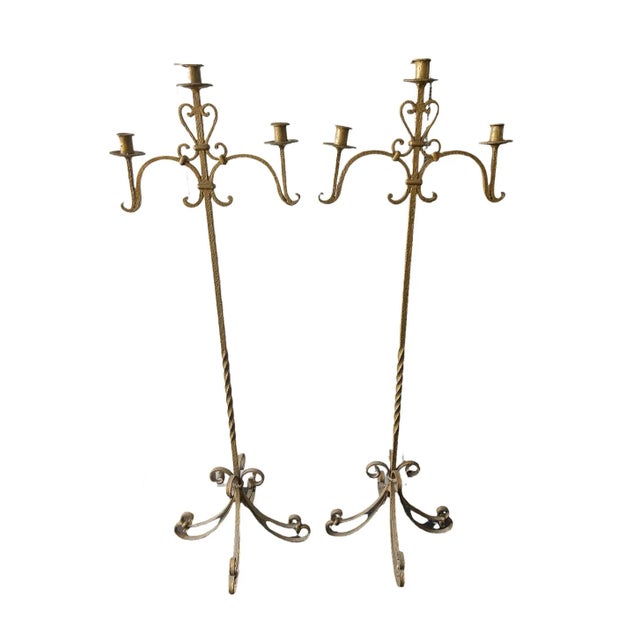 Pair of Neo Clasical Antique Gold Gilt Wrought Iron Antique Floor Candelabras Excelent texture, solid in weight