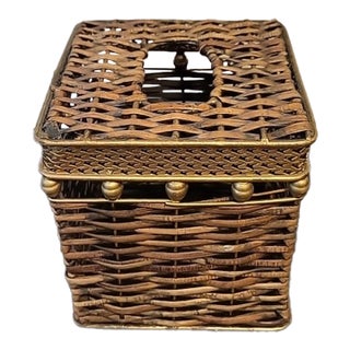 Vintage Wicker Weave Brass Tissue Box Cover MCM For Sale