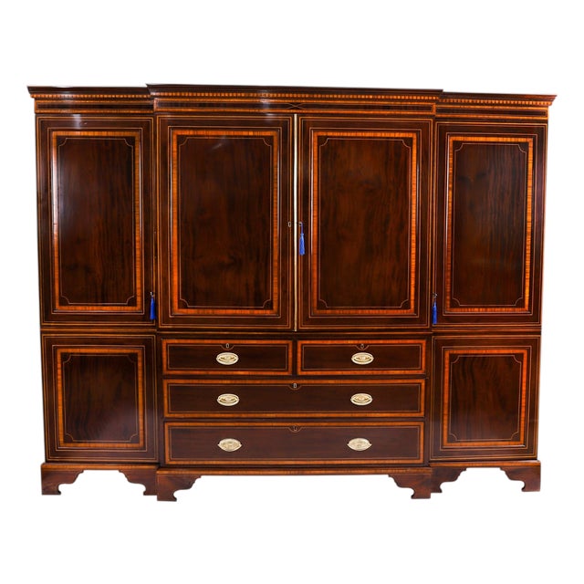 Antique 18th Century George III Flame Mahogany Breakfront Wardrobe, 1780s For Sale