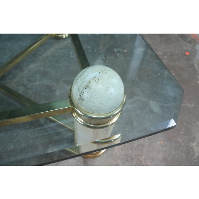 1980s Vintage Italian Regency Travertine Stone Brass & Glass Coffee Cocktail Table 44" For Sale - Image 5 of 12