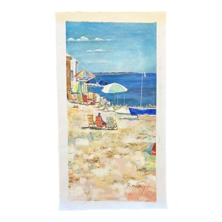Coastal Beach Scene With Umbrellas & Boats – Original Vertical Painting by Tailroy, Unstretched (12.5" X 25") For Sale