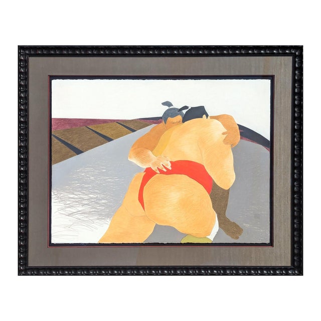 Phyllis Steele Modern Colorful Pastel Drawing of a Pair of Competing Sumo Wrestlers in Red, 20th Century For Sale - Image 4 of 11