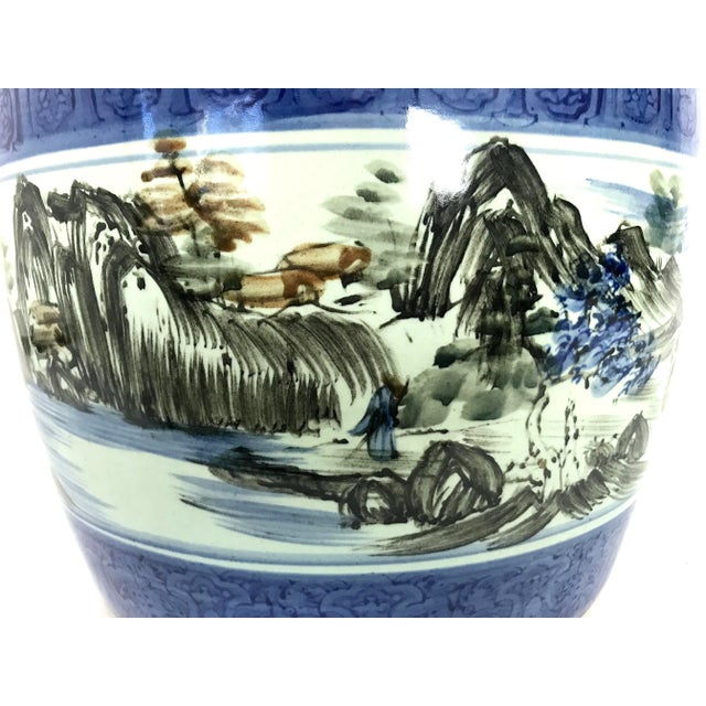Blue Old Hand Painted Blue & White Porcelain Chinese Planter, Wrap Around Shan Shui Mountain & Water Landscapes For Sale - Image 8 of 11
