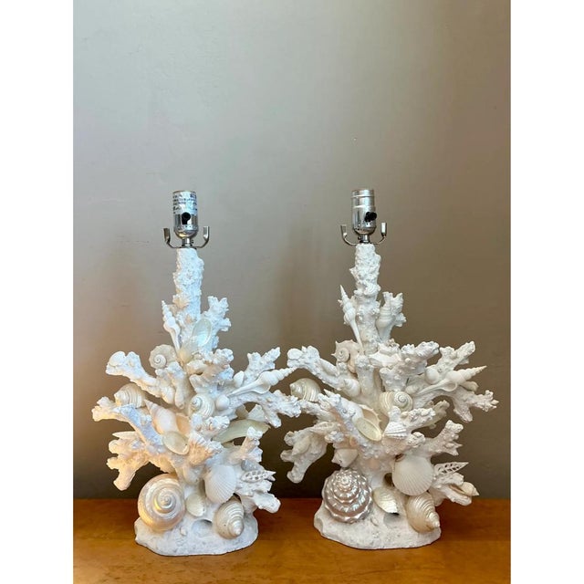 Sculpture Materials Vintage Shell and Plaster Faux Coral Table Lamps - Pair For Sale - Image 7 of 12