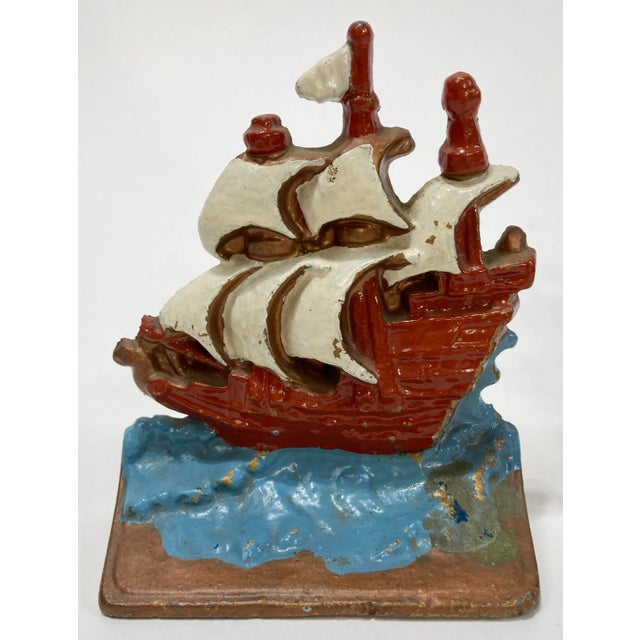 Early 20th Century Vintage Colorful Cast Aluminum Ship Motif Bookend Pair For Sale - Image 5 of 6