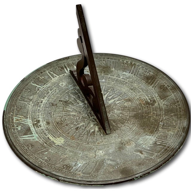Fine Antique Large 12 Inch Size Solid Cast Bronze Sundial With Extensivly Detailed Calibrations Circa Early 1900s For Sale - Image 4 of 18