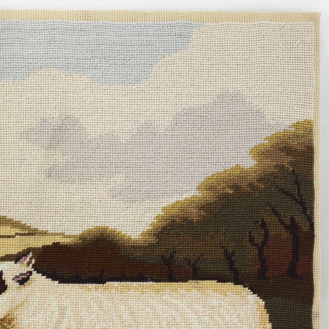 Textile Vintage Sheep in Landscape Needlework – Pastoral Farm Scene Textile Art With Black-Faced Ewes For Sale - Image 7 of 10