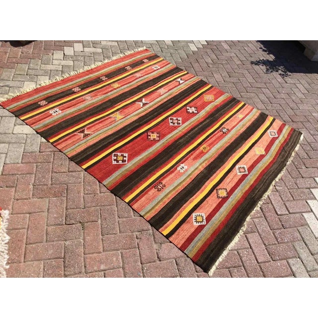 1960s Vintage Striped Turkish Kilim Rug - 71" X 80" For Sale In Raleigh - Image 6 of 11