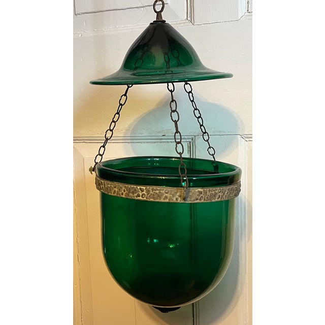 Glass Large Antique 19th Century American Federal Emerald Green Blown Glass Bell Jar Hall Lantern With Witch's Hat Smoke Shade For Sale - Image 7 of 11