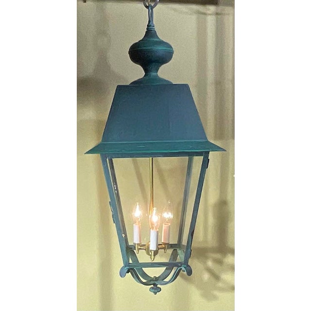 Pair of Solid Verdigris Brass Hanging Lanterns. 14” X 14” X 33” For Sale - Image 9 of 16