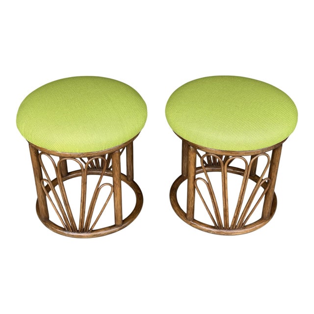1960s Bamboo Ottomans With Lemon Upholstery- A Pair For Sale - Image 11 of 12