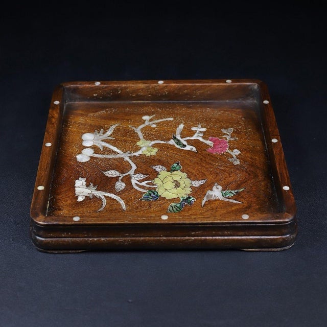 Wood Square Wooden Tray With Mother-of-Pearl Bird and Floral Inlay For Sale - Image 7 of 10