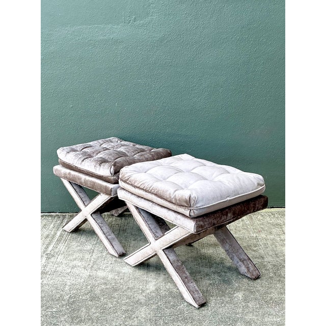 Mid-Century Modern Vintage Tufted Velvet X Benches - A Pair For Sale - Image 3 of 12