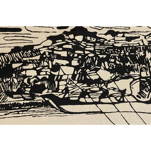 Artist's proof woodcut of a rocky shoreline with a boat. Signed "Low" and titled "Water." Date 1967