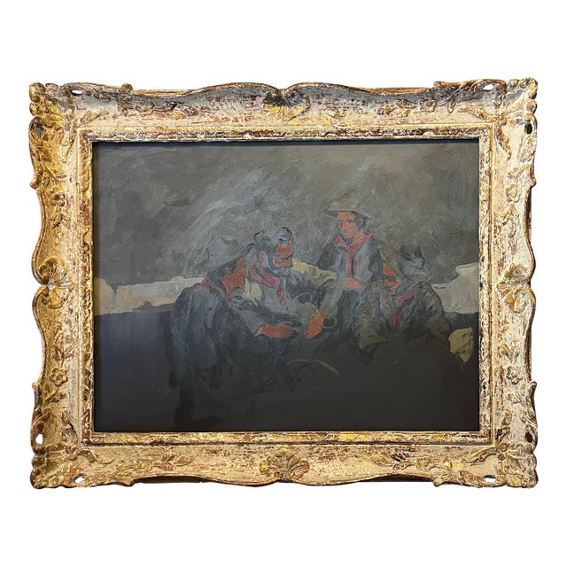 Matthew Benedict (American 1968) Impressionist Gouache Painting Depicting an Interior Scene of Men Seated at a Table For Sale