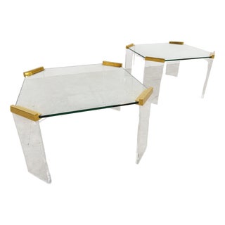 Acrylic Glass and Brass Coffee Tables, 1970s, Set of 2 For Sale