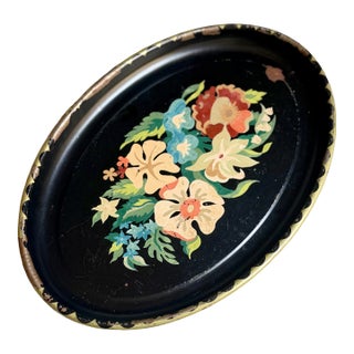Vintage Chippy Hand Painted Floral Toleware Tray For Sale