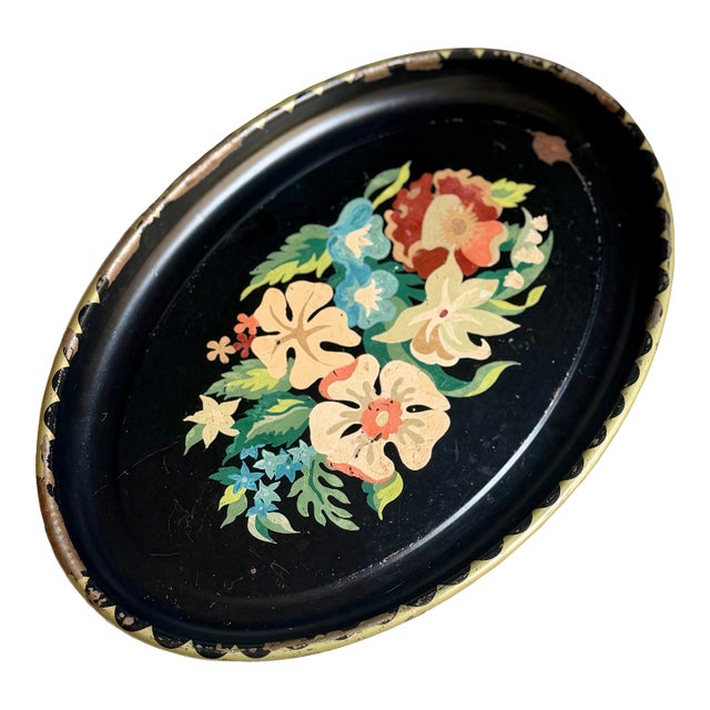 Vintage Chippy Hand Painted Floral Toleware Tray For Sale