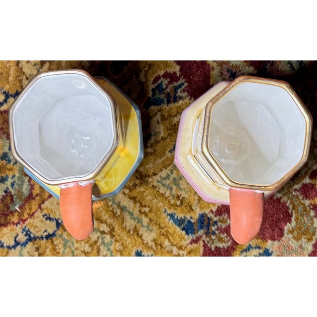 American 1990s MacKenzie-Childs Courtly Check Pedestal Mug Pair, Hand-Painted Floral, Dated 1994 & 1996 - a Pair For Sale - Image 3 of 10
