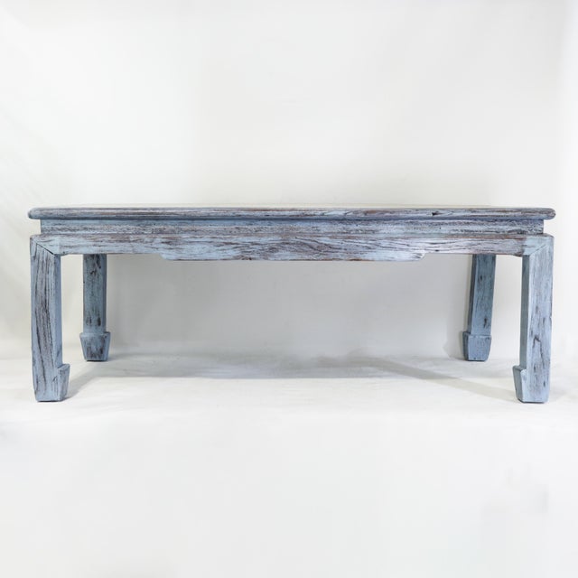 Mid-Century Modern Vintage Swedish Blue-Grey Wash Wood Coffee Table With Ming Style Leg and Shagreen Top For Sale - Image 3 of 17