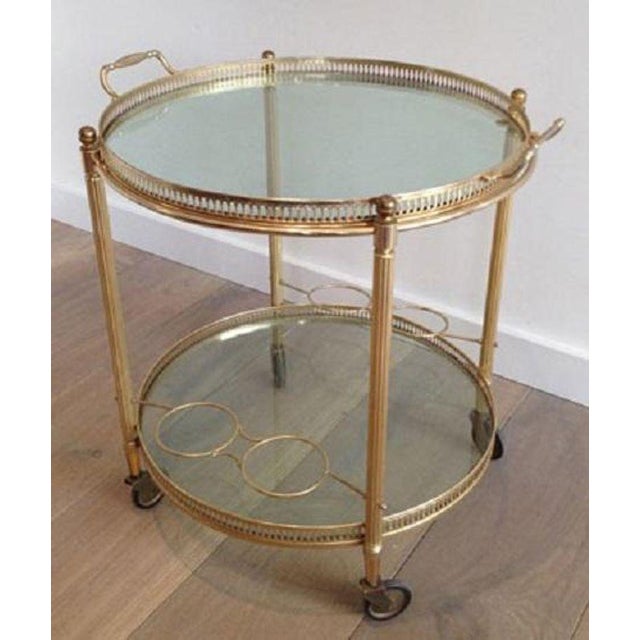 Mid Century Brass Round Rolling Serving Table Removable Gallery Tray Top / 4 Bottle Rack