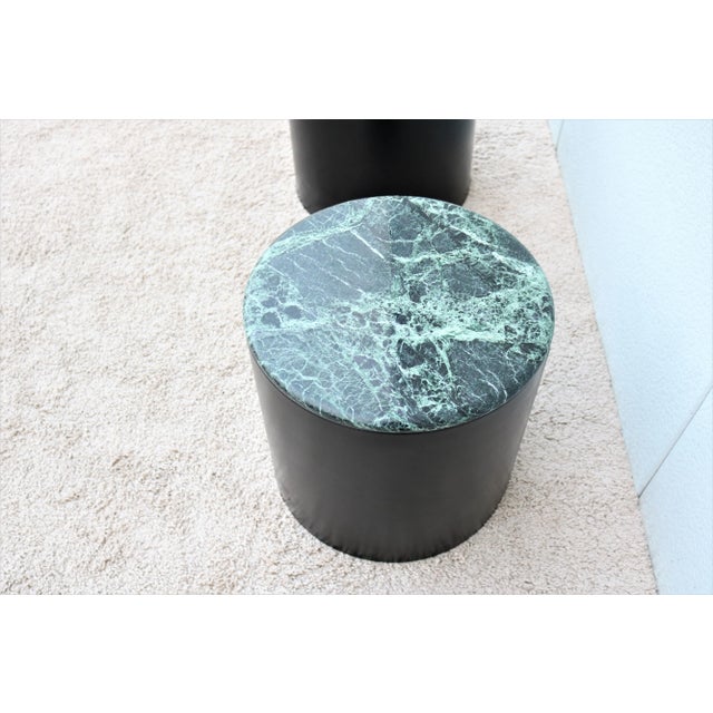 Wood Mid Century Modern Paul Mayen Style Green Marble Top Drum Side Tables - a Pair For Sale - Image 7 of 13