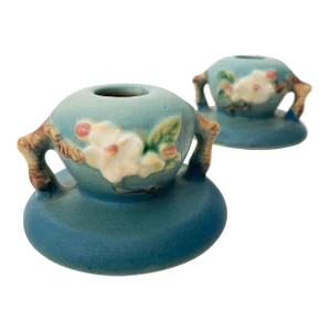 Vintage Roseville Pottery Apple Blossom Blue 1949 Ceramic Candle Holders, Pair #351