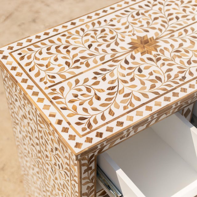 Mid-Century Modern Arabesque Teak Wood Inlay Four-Drawer Chest by House of Jaipur For Sale - Image 3 of 7