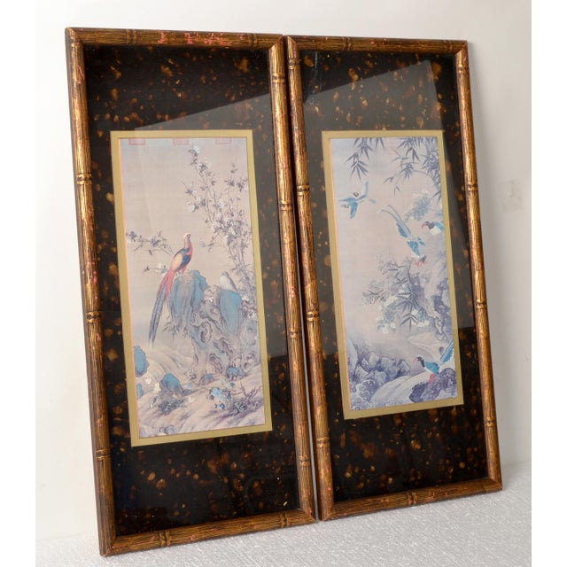 Asian Style Mid 20th Century Marked Asian Paintings Chinoiserie Prints Pheasant Scene Gilt Faux Bamboo Custom Framed - Set of 2 For Sale - Image 4 of 12
