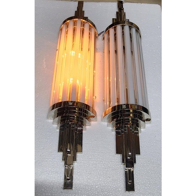Pair Skyscraper Vintage Art Deco Wall Sconces in Nickel Brass & Milk Clear Glass Rod Ship Light For Sale - Image 4 of 6