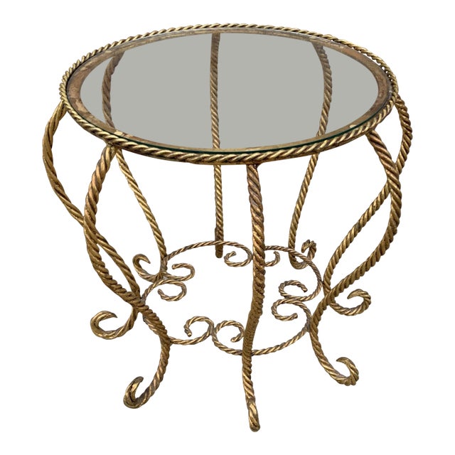 Hollywood Regency Gilt Rope Glass Top Spider Side Table For Sale