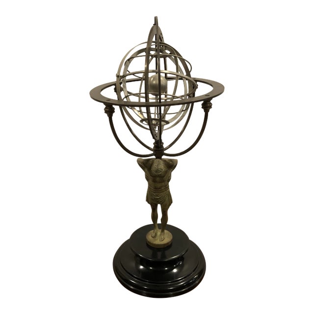 Metal Armillary Sculpture With Man and Globe on Shoulders For Sale
