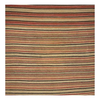 1950s Square Tan/Red Stripe Pattern Persian Kilim Rug 9’0″ X 9’0″ For Sale