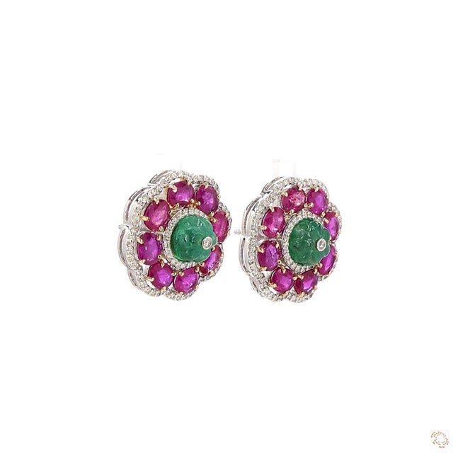 0.95 Carat Round Brilliant Cut Diamond Emerald Ruby Gold Earrings, Pair For Sale - Image 9 of 9
