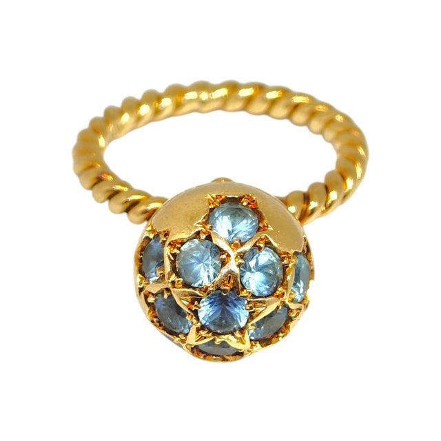 Vintage 18k Yellow Gold Blue Zircon Ball Ring, Size 6 For Sale - Image 9 of 10