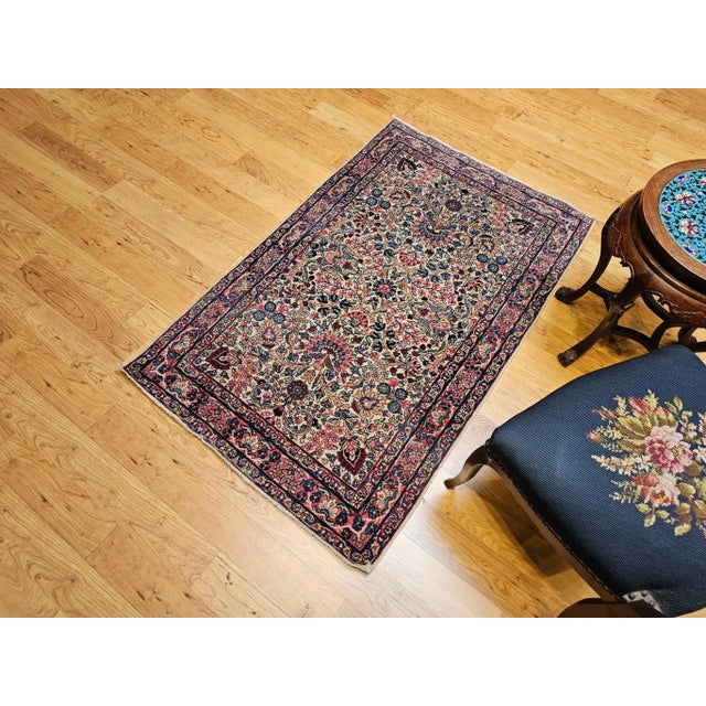 Vintage Persian Kerman Lavar Area Rug, Handwoven Floral Pattern, Ivory & Blue, 3’ X 5’ For Sale - Image 10 of 12