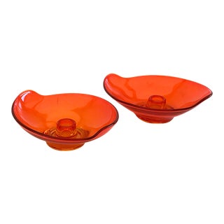 Vintage Mid Century Orange Glass Candlestick Holders - a Pair For Sale