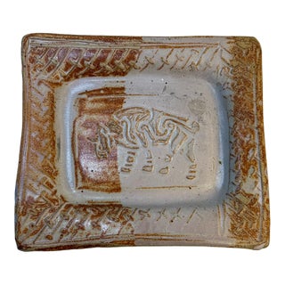 Handmade Studio Pottery Stylized Bull Platter, Signed B For Sale