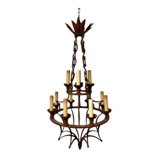 1940s Metal/Iron 12 Light Chandelier With Chain and Canopy For Sale