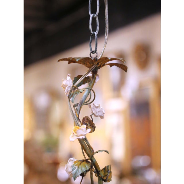 Rose Early 20th Century French Floral Porcelain and Iron Three-Light Chandelier For Sale - Image 8 of 11