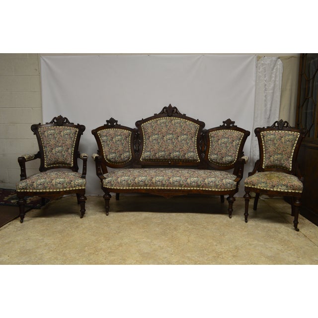 Antique 1800's Victorian Renaissance Walnut Parlor Furniture Set of 3