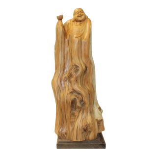 Chinese Cypress Wood Carved Irregular Shape Happy Buddha Statue For Sale
