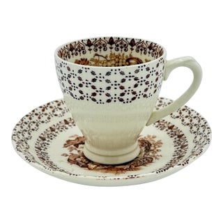 Vintage Empire England “Beverley” Brown Transferware Cup & Saucer With Interior Fruit Motif For Sale