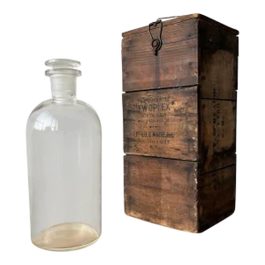Antique Fred C. White Inc. New York "Twoplex" Apothecary Bottle With Original Fitted Wood Crate, Circa 1920s