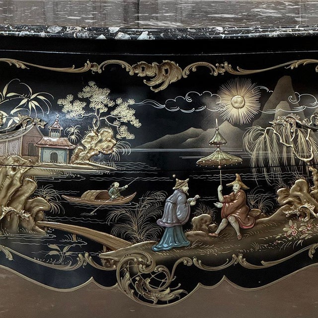 Antique French Chinoiserie Black Lacquer Bombe Commode For Sale - Image 9 of 16