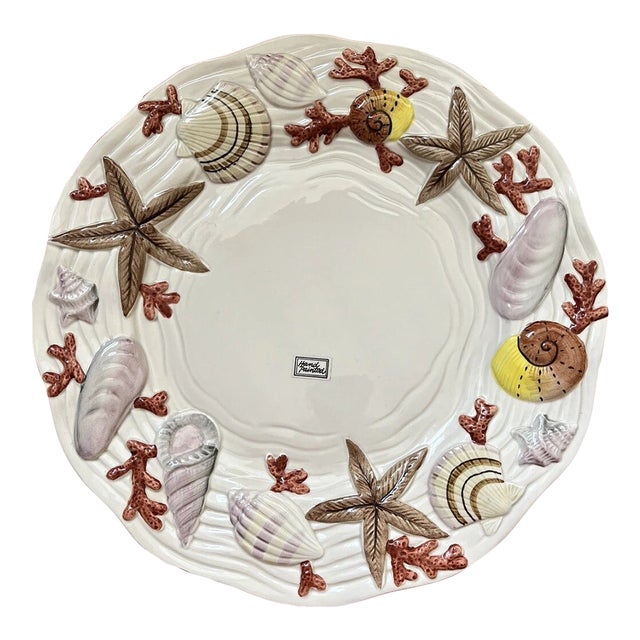 Vintage Fitz & Floyd Coral Shells Pattern Hand Painted Nautical Platter For Sale