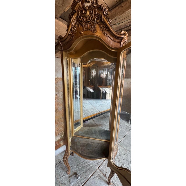 Vintage French Rococo Copper-Gilt Bow Front Tall Curio Cabinet With Mirrored Back For Sale - Image 4 of 11