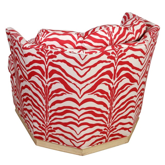 Mid-Century Modern Pair of Swivel Chairs Newly Upholstered in Sister Pairsh Red Zebra Chintz For Sale - Image 3 of 3