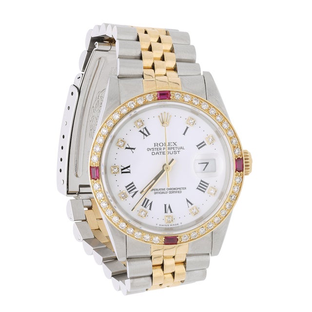 Modern Rolex Datejust 16233 Two Tone Steel-18k Gold Ruby Diamond Bezel Vintage Watch For Sale - Image 3 of 17